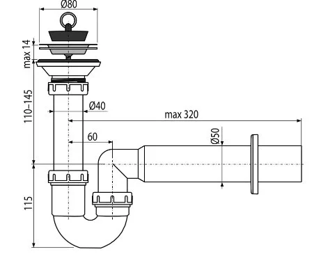 Alcaplast, A464-DN50  Zuhanylefolyó bűzelzáróval bűzzár 50mm átmérő 80mm