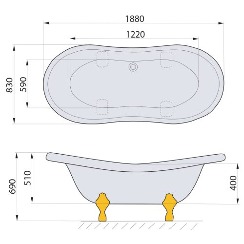 Kád, POLYSAN CHARLESTON kád 188x80, fehér lábbal: 38112 Sapho