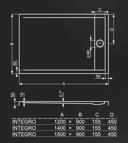 Zuhanytálca, Roltechnik Integro 1500x900 szögletes :RT