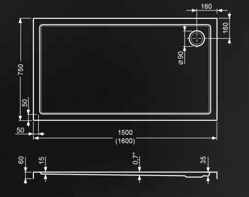 Zuhanytálca, Roltechnik Flat Kvadro 1500x750 szögletes :RT