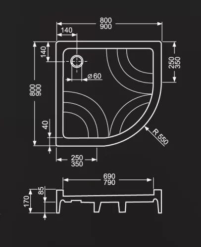 Zuhanytálca, Roltechnik Hawaii-P 900x900 önhordó íves :RT
