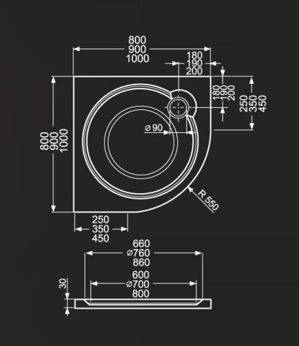 Zuhanytálca, Roltechnik Tahiti-M 800x800 íves Sanipro
