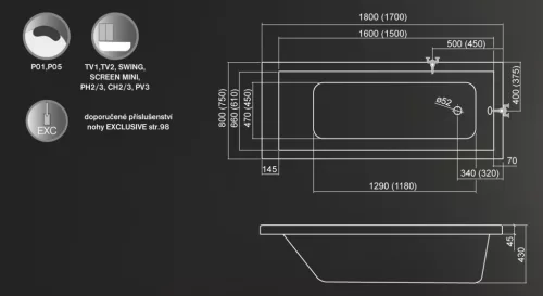 Kád, Roltechnik Kubic Neo 170x75 egyenes : RT