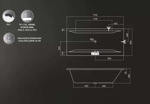 Kád, Roltechnik Savona 170x80 egyenes : RT