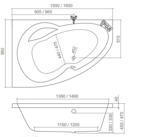 Kád, Roltechnik Harmonia 150x95 aszimmetrikus sarok : RT
