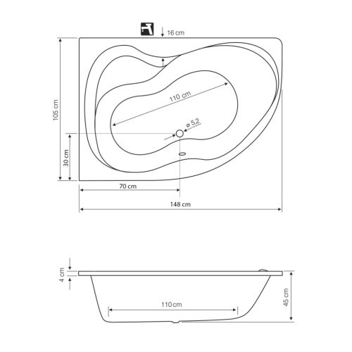 Kád, AQUALINE CIDLINA akril kád 150x105x45 cm, bal, láb nélkül: G3618