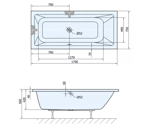 Kád, AQUALINE NISA kád 170x75x41 cm: A1775