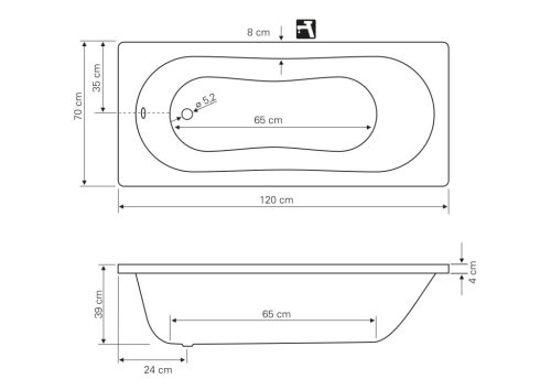 Kád, AQUALINE JIZERA - Akril kád 120x70x39 cm, láb nélkül: G1270