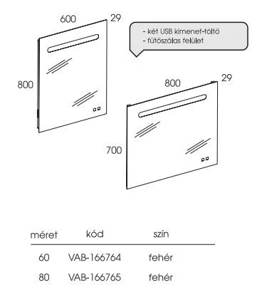 Tükör, Valore TÜKÖR LED VILÁGÍTÁSSAL + USB TÖLT + PÁRA MENTESÍTŐ FŰTÉS VAB-166764  60 CM
