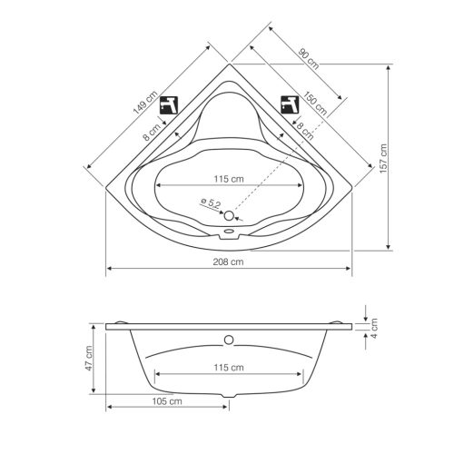 Kád, Aqualine Dunaj II 150x150 szimmetrikus G1350