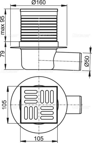 Padlóösszefolyó, AlcaPlast 105x105 mm APV1
