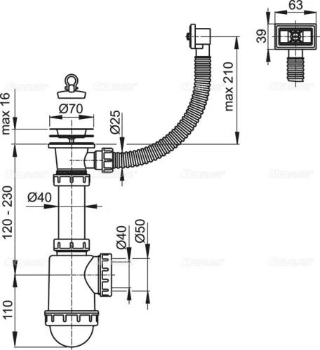 Mosogató szifon, AlcaPlast leeresztővel A444-DN50/40
