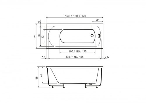 Egyenes kád, West Moon 160x70