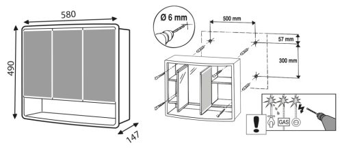 Fürdőszobabútor felső szekrény, Sapho AQUALINE LYMO tükrösszekrény, 58x49x14,7cm, fehér 1884132