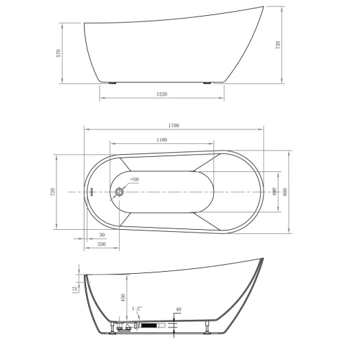 Kád, Sapho AQUALINE TISA szabadonálló kád, 170x80cm, akril E1780