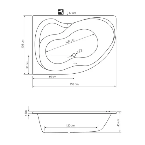 Kád, Sapho AQUALINE CIDLINA kád, láb nélkül, balos, 160x105x47cm, akril G3615