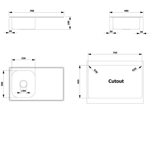 Mosogatótálca, AQUALINE csaptelep furat nélkül, csepegtető tálcával, 78x18x48cm, inox AQ7848B