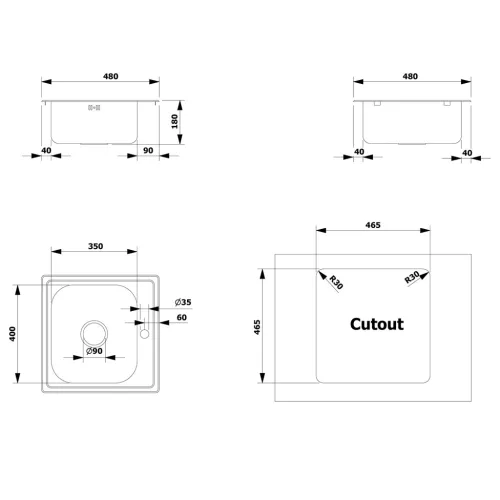 Mosogatótálca, Sapho AQUALINE rozsdamentes mosogatótálca, 48x18x48cm AQ4848B