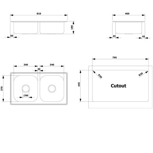 Mosogatótálca, Sapho AQUALINE rozsdamentes mosogatótálca, 81x18x46cm AQ8146B