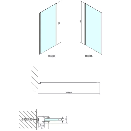 Oldalfal, Sapho POLYSAN EASY LINE oldalfal, 900mm, BRICK üveg EL3338