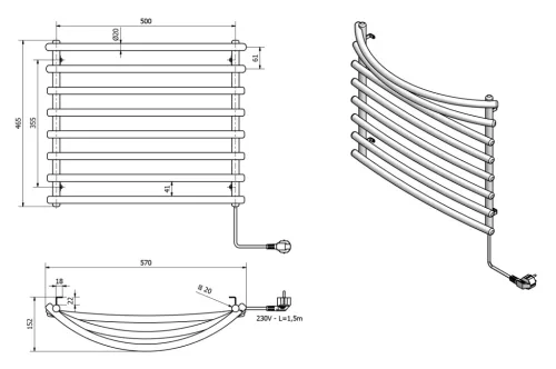 Egyenes radiátor, AQUALINE elektromos törölközőszárító radiátor, 570x465mm, 72W, ezüst SU210A