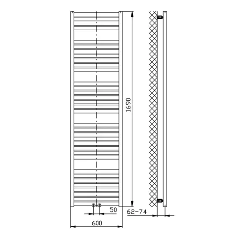 Egyenes radiátor, AQUALINE TONDI radiátor, középső bekötéssel, 600x1690 mm, fehér DT490T
