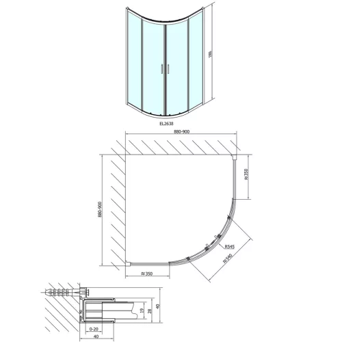 Zuhanykabin, Sapho POLYSAN EASY LINE íves zuhanykabin, 900x900mm, BRICK üveg EL2638
