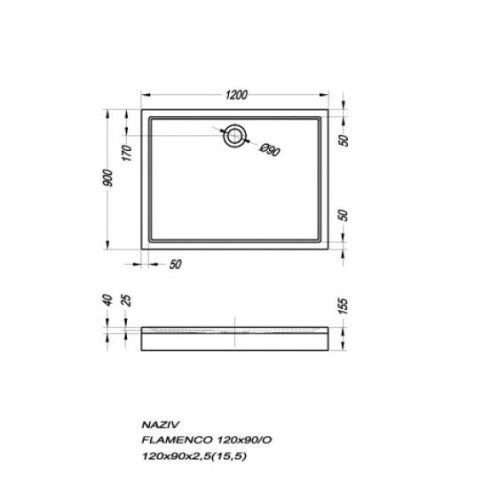 Zuhanytálca, Kolpa San Flamenco 120x90 előlap nélkül