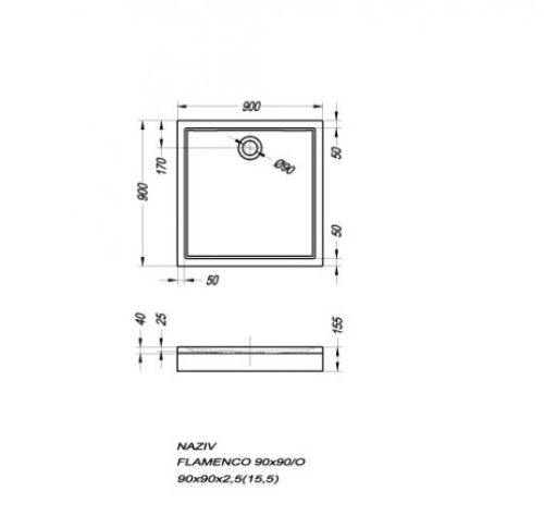 Zuhanytálca, Kolpa San Flamenco 90x90 előlap nélkül