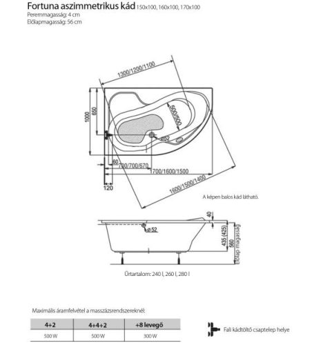 Kád, H2O Fortuna 170x100 aszimmetrikus balos