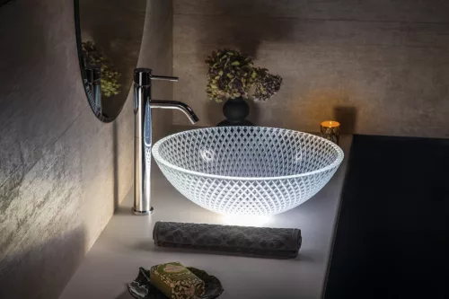 Mosdó, Sapho BEAUTY PUKETA gravírozott üvegmosdó, átm:42cm, transzparent üveg (TY165)