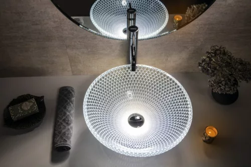 Mosdó, Sapho BEAUTY PUKETA gravírozott üvegmosdó, átm:42cm, transzparent üveg (TY165)