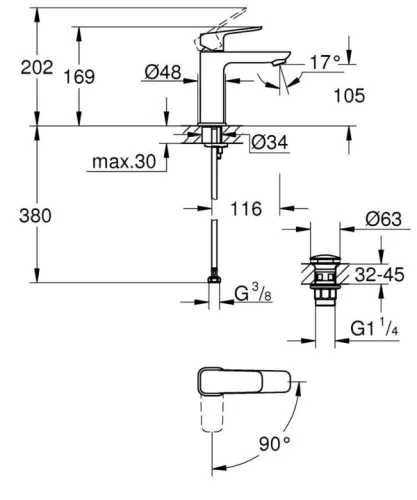 Mosdó csaptelep, Grohe Cubeo mosdó csaptelep, fekete 1017572430