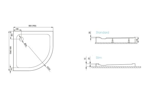 Zuhanytálca, H2O Nero A standard íves 80x80
