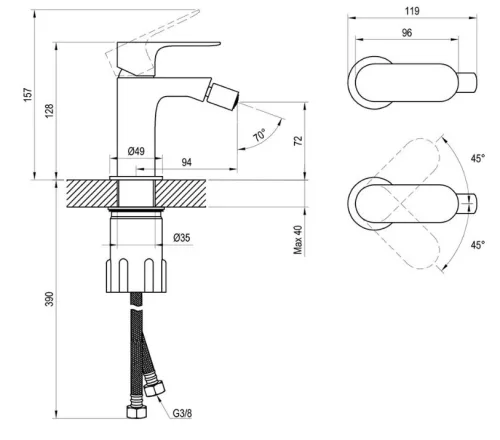 Bidé csaptelep, Ravak Eleganta EL 056.00CR Álló bidé csaptelep 123 mm, leeresztő nélkül, Chrome X