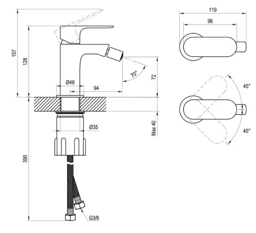 Bidé csaptelep, Ravak Eleganta EL 056.20BLM Álló bidé csaptelep 123 mm, leeresztő nélkül, Black M