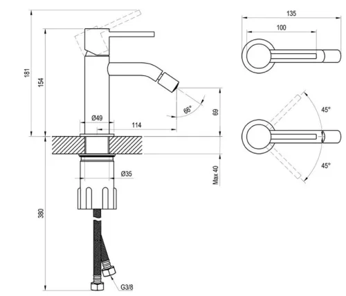 Bidé csaptelep, Ravak Espirit ES 056.20GB Álló bidé csaptelep 180 mm, leeresztő nélkül X070318