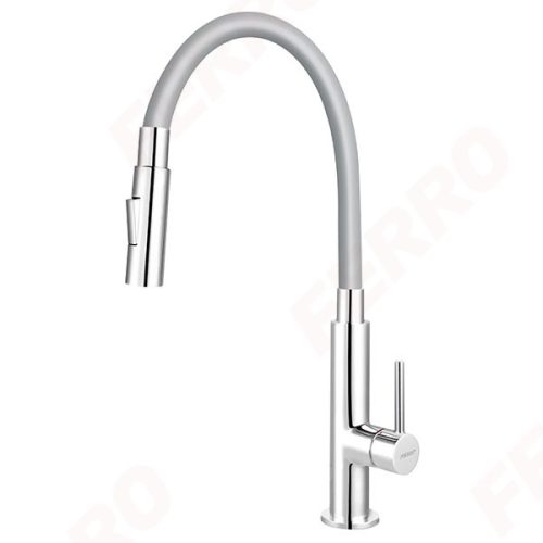 Mosogató csaptelep, Ferro Zumba Slim 2F BZA43S konyhai csaptelep, 2 funkciós elasztikus szürke ki