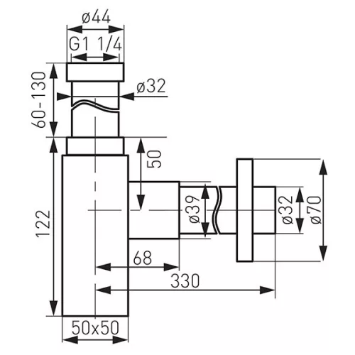 Mosdó szifon, Ferro QUADRO S280-BL szögletes búraszifon G5/4”x32 mm
