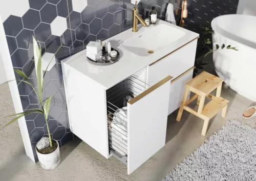 Alsó szekrény, AREZZO design MONTEREY 40 cm-es oldalszekrény szennyeskosárral Matt Fehér színben