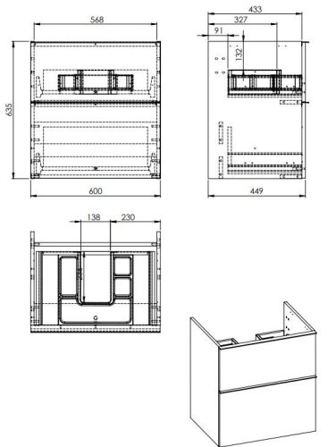 Alsó szekrény, AREZZO design MONTEREY 60 cm-es alsószekrény 2 fiókkal Mf. antracit színben, szifo