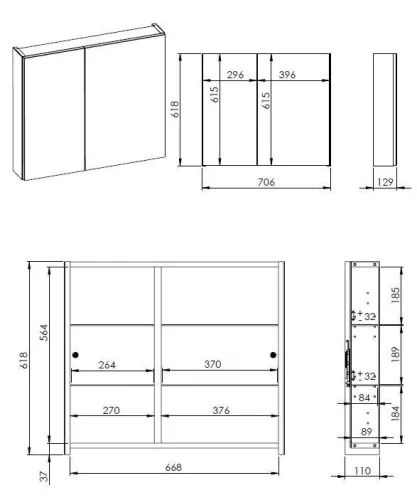 Felső szekrény, AREZZO design Tükrös szekrény BASIC 70,2 ajtó