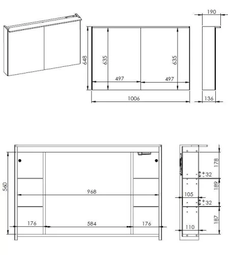 Felső szekrény, AREZZO design Tükrös szekrény PREMIUM 100,2 ajtó + TECHNOBOX+ LED LÁMPA PANEL