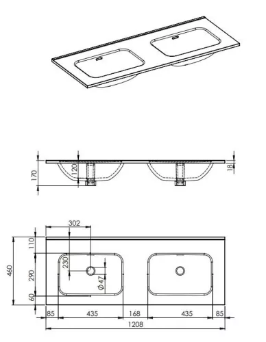Mosdó, AREZZO design SKAPPA 120 cm-es dupla mosdó CSAPLYUK NÉLKÜL