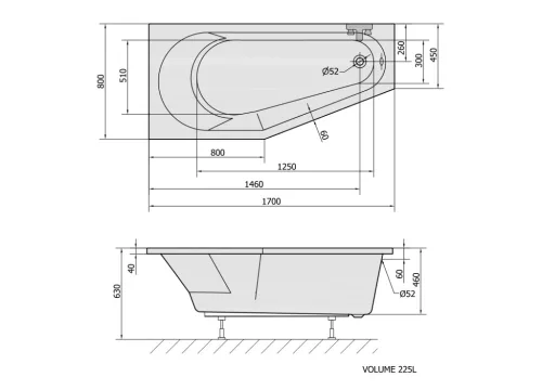 Kád, Sapho POLYSAN TIGRA 90111.21 aszimmetrikus kád, balos, 170x80x46cm, matt fekete