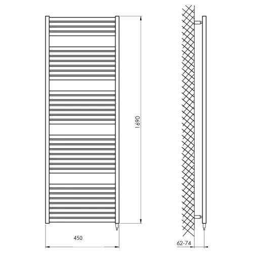 Egyenes radiátor, Aqualine TONDI-E elektromos fürdőszobai radiátor DE446T, 450x1690mm, matt feket