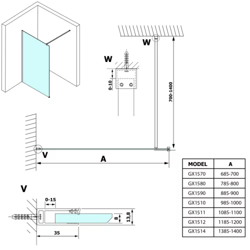 Walk-in, Sapho VARIO BLACK GX1511-06 WALK-IN zuhanyfal Nordic üveggel 1100mm, fekete színű Walk-i