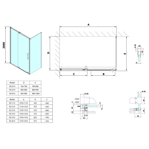 Zuhanykabin, Sapho ROLLS LINE RL1215RL3215 szögletes zuhanykabin 1200x800mm, balos/jobbos