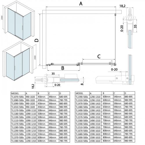 Zuhanykabin, Sapho THRON LINE SQUARE TL1070-5002 szögletes zuhanykabin szögletes görgő 100x70