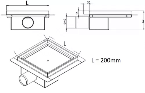 Padlóösszefolyó, Roltechnik RRF-S rozsdamentes, szögletes, burkolható zuhanyfolyóka 20x20